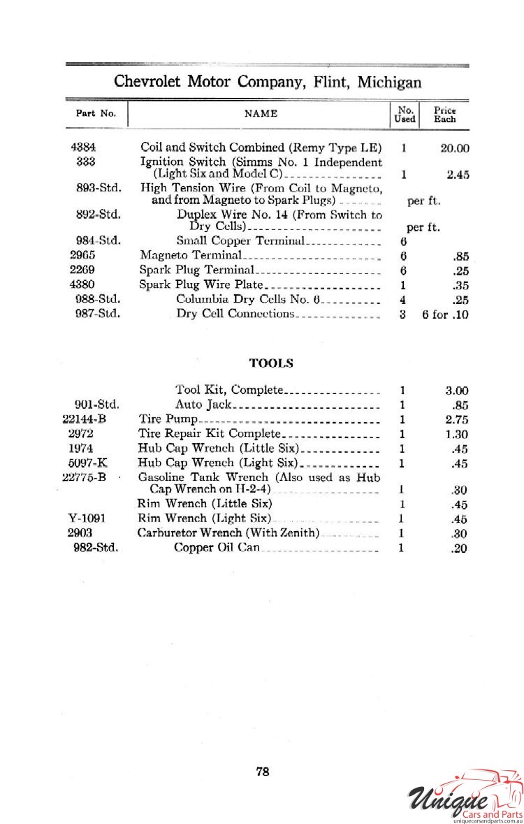 1912 Chevrolet Light and Little Six Parts Price List Page 77